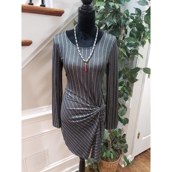 Spring Haze Women Gray Striped Rayon Long Sleeve Round Neck Knee Length Dress S - Picture 1 of 13
